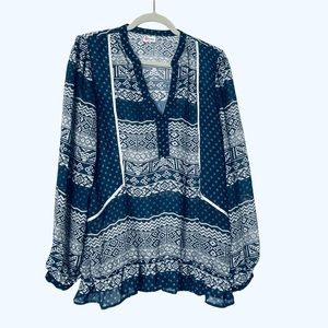 Olsenboye Shear VNeck MultiPattern Ribbon Detail Boho Full Long Sleeve Sz XL